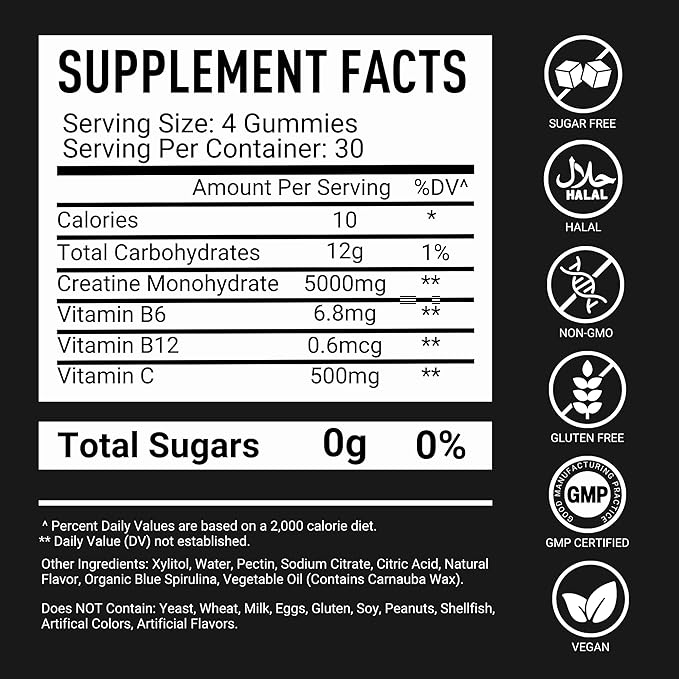 Creatine Gummies for Men & Women 5g Sugar Free - 120 Chewable Creatine Monohydrate Gummies for Muscle Strength, Muscle Builder, Energy Boost, Booty Gain, Pre-Workout & Recovery Supplement Gummy Chews