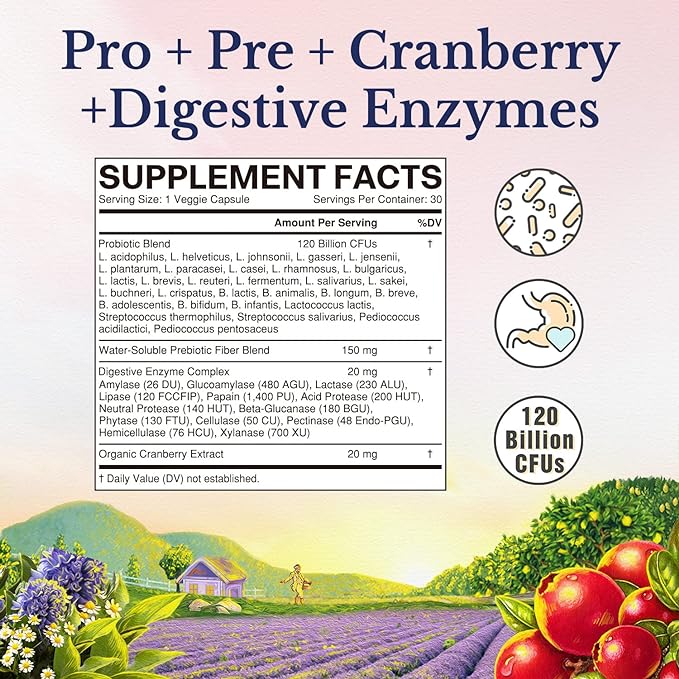 Vitalitown Probiotics for Women 120 Billion CFUs, 30 Strains, with Prebiotics & Digestive Enzymes & Cranberry, Gut & Vaginal Health, Vegan 30 Delayed Release Caps