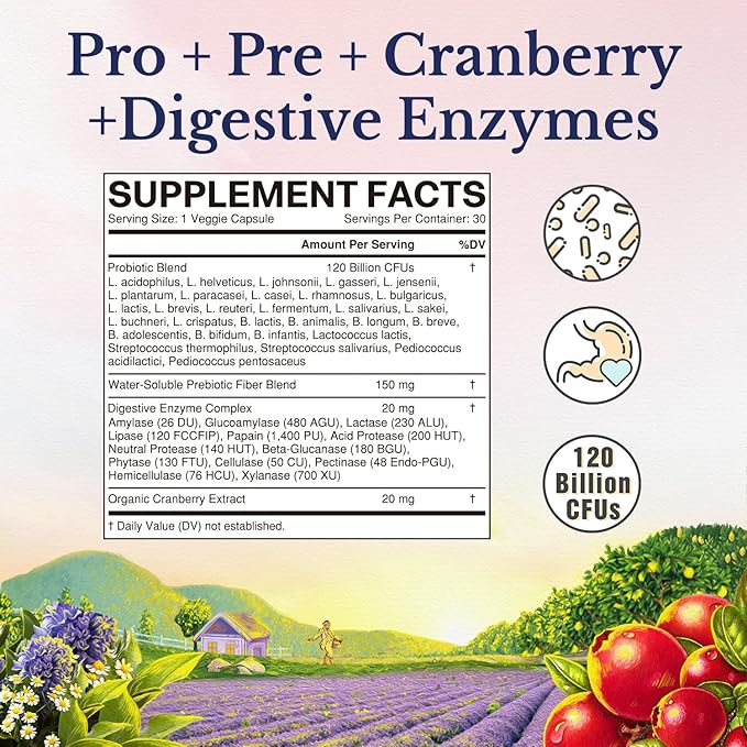 Vitalitown Women's Probiotics 120 Billion CFUs 1 Daily, 30 Strains, with Prebiotics & Digestive Enzymes & Cranberry, Gut & Vaginal Health, Vegan 60 Delayed Release Caps