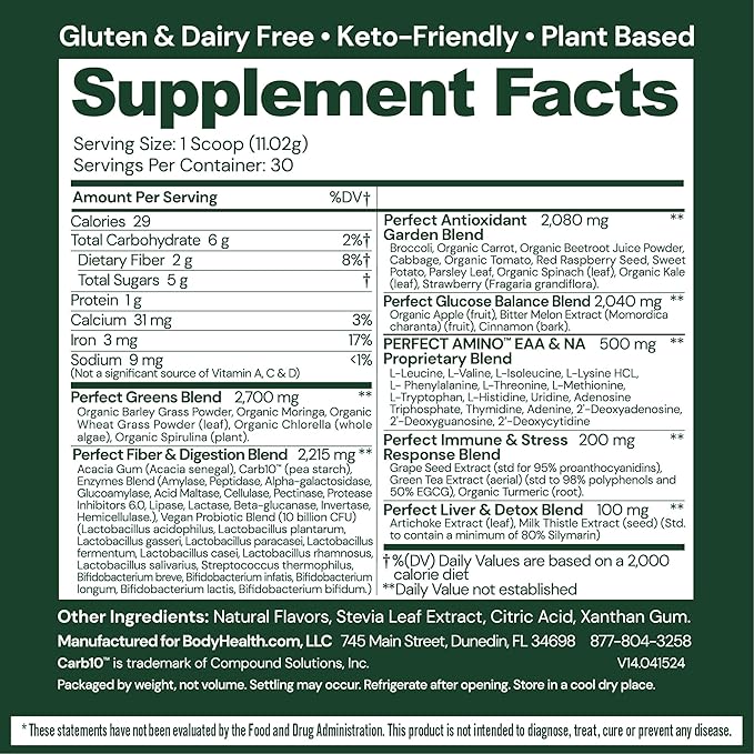 BodyHealth Greens Enhanced with PerfectAmino - Daily Superfood Green Apple Smoothie Powder with Vegetables, Fruit, Antioxidants, Prebiotics, Probiotics, Fiber, and Protein - 30 Servings