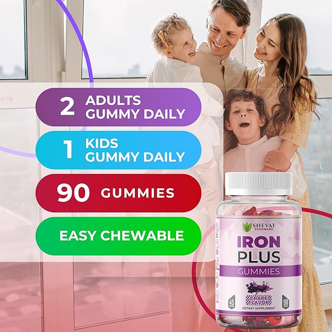 Family Iron Gummies for Women, Men & Kids– Chewable Iron Supplements for Women Anemia & Men – Kids Iron Gummies with Iron Vitamins for Women – Vegan,Gluten-Free(Grape Flavor) Immune Support – USA Made