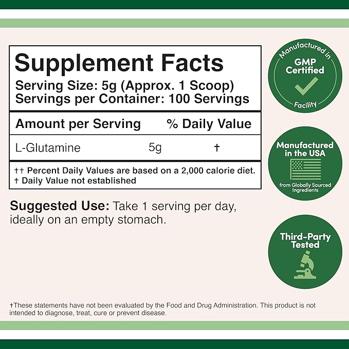 L Glutamine Powder 1.1lbs (100 Servings of 5 Grams Each - Third Party Tested L-Glutamine Powder) Unflavored, Keto, Vegan Friendly (with Scoop) for Exercise Endurance and Gut Health by Double Wood