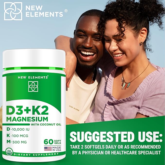 Vitamin D3 K2 10000 IU Organic Softgels for Men and Women with Magnesium Glycinate 500mg | Vitamin D & Magnesium Supplement for Bone Health | Immune Support | Non-GMO | Gluten-Free | Sugar Free