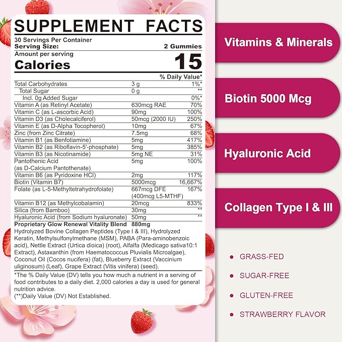 Sugar Free Multivitamin for Women Gummies with Biotin 5000mcg, Collagen MSM Hyaluronic Acid, Vitamin A C D3 E & B Complex and Methyl Folate & B12, Organic Multi Vitamins for Hair Skin Nails, Energy