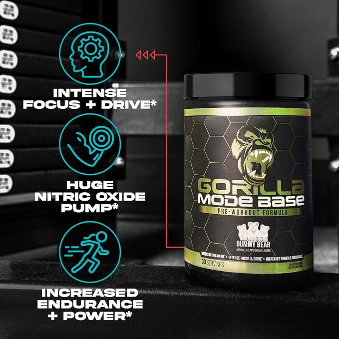 Gorilla Mode Base Pre Workout - Raises Nitric Oxide · Intense Focus & Drive · Endurance · Power - L-Citrulline, L-Tyrosine, Betaine, Alpha-GPC, Caffeine, Huperzine A - 360 Grams (White Gummy Bear)