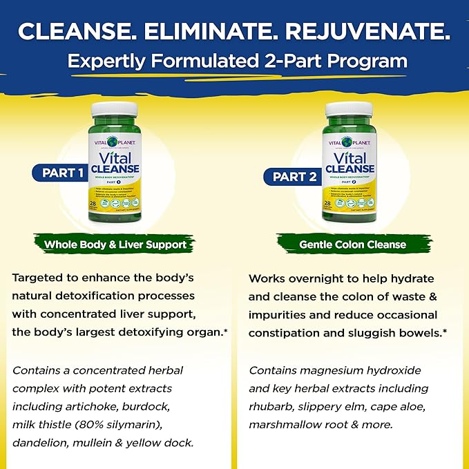 Vital Planet - Vital Cleanse with Milk Thistle, Magnesium, Cape Aloe and Herbs, Natural Supplement for Occasional Constipation and Healthy Elimination, 2-Part - 14 Day Kit, 56 Capsules