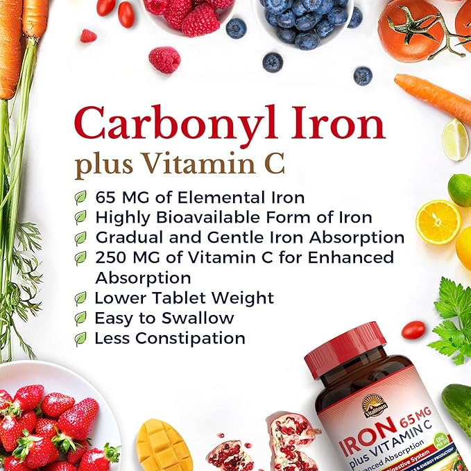 Vitalitown Iron Supplement for Women Men, Hign Potency 65mg Iron with Vitamin C 250mg, Less Constipating, Better for Blood Building & Energy Improvement, No Gluten, Non-GMO 60 Vegan Iron Pills