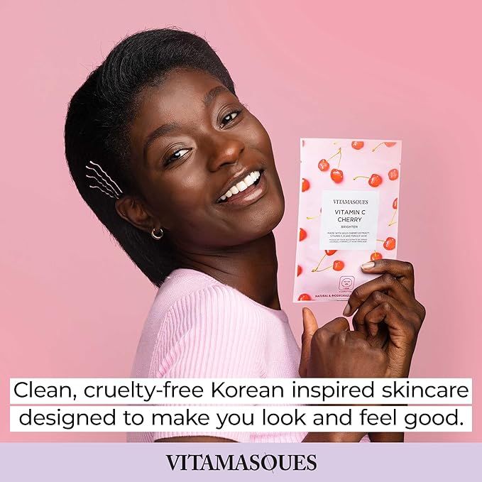 Vitamasques Vitamin C Cherry Face Sheet Mask 7 Pack - Brightens, Protects & Boosts Hydration with Antioxidants, Vitamin C and Ferulic Acid - Natural - Vegan, Free from Parabens & Gluten