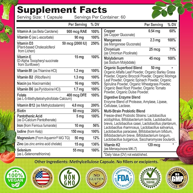 Women's Daily Multivitamin with Iron - Vegan Multivitamin for Women with Biotin, Organic Superfoods, B-Complex, Probiotics, Enzymes - Energy, Immunity, Gut Health Support - Easy to Swallow Capsules