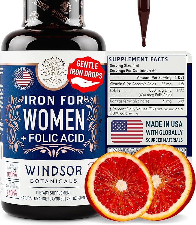 WINDSOR BOTANICALS Liquid Iron Supplements for Anemia - Folic Acid, Vitamin C, Vegan Iron Blood Builder and Anemia Supplement - 2 oz Orange Flavor Gentle Iron Drops for Women