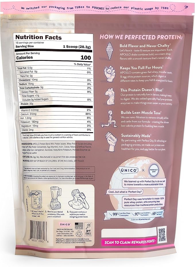 Unico Apollo Molten Chocolate Protein Powder - 20g 100% Grass-Fed Whey Protein, Egg Albumen and Casein | Non-Bloating | Low-Carb and Low-Fat | 16 Servings | Non-Chalky Texture | Best-Taste