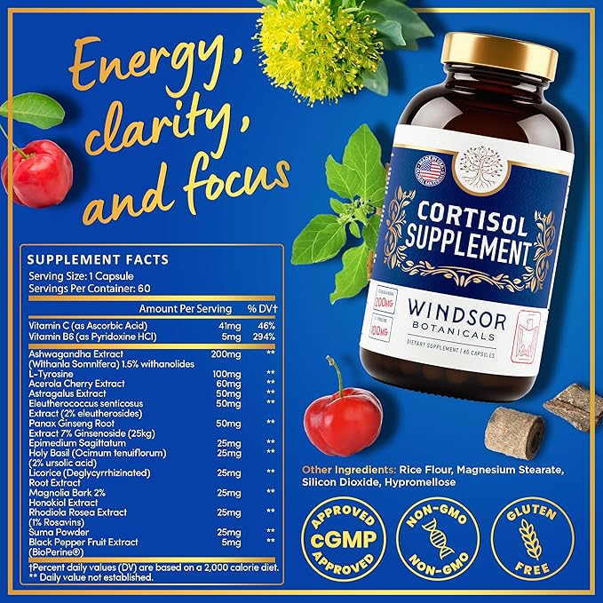 Cortisol Supplement & Cortisol Reducer - Advanced Cortisol Regulation Supplements with Calming Ashwagandha, L-Tyrosine - Mood, Stress, Sleep Support Cortisol Blocker for Women and Men - 60 Capsules