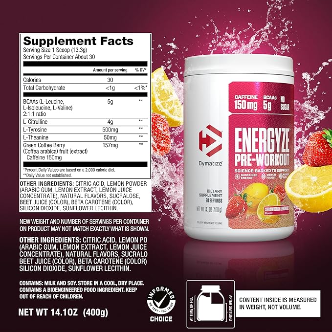 Dymatize Energyze Pre Workout Powder for Men and Women, Strawberry Lemonade Flavor, 150mg Caffeine, 5g BCAAs, Performance Blend of L-Theanine, L-Tyrosine, L-Citrulline, No Sugar, 30 Servings