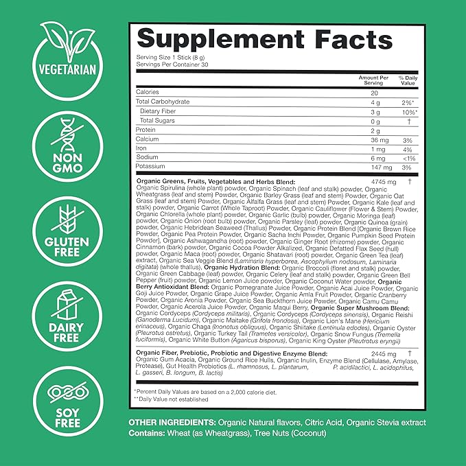 Zena Organic Super Greens Powder, 70+ Superfoods Drink Mix, 0 Sugar, 3G Fiber, Fruits, Veggies, Spirulina, Chlorella, Antioxidants, Pre & Probiotics, Digestive Enzymes, Green Apple Flavor, 30 Packets