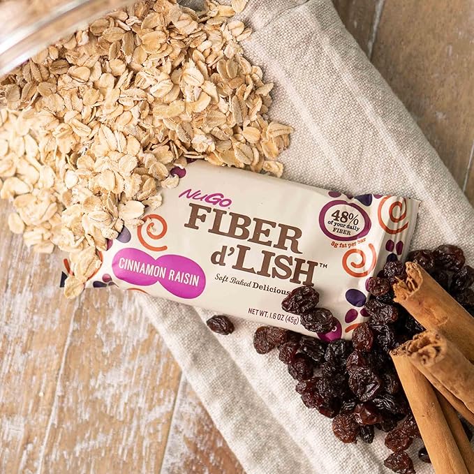 NuGO Fiber d'Lish Cinnamon Raisin, 12g High Fiber, Vegan, 150 Calories, 1.6 Ounce , 16 Count(Pack of 1)