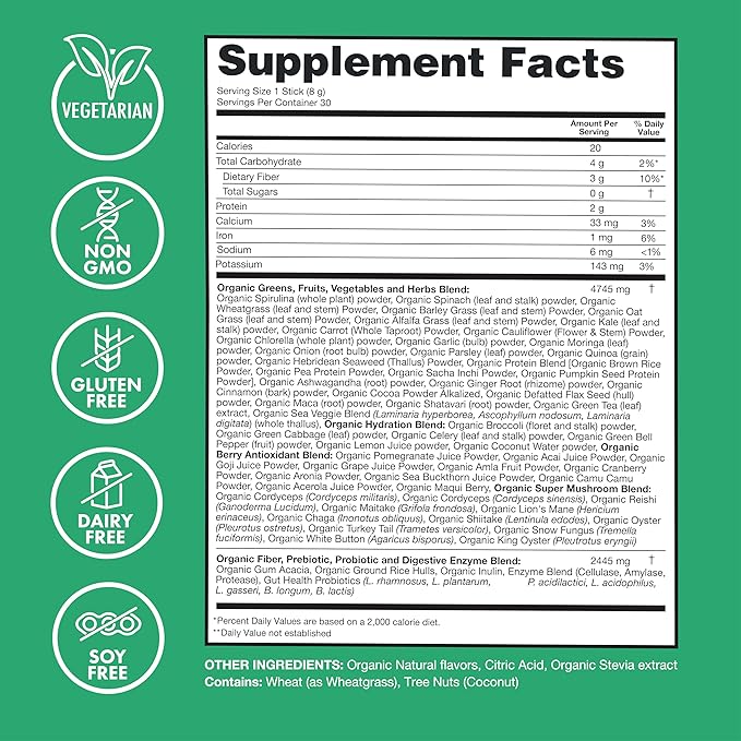 Zena Organic Super Greens Powder, 70+ Superfoods Drink Mix, 0 Sugar, 3G Fiber, Fruits, Veggies, Spirulina, Chlorella, Antioxidants, Pre & Probiotics, Digestive Enzymes, Mango Flavor, 30 Packets