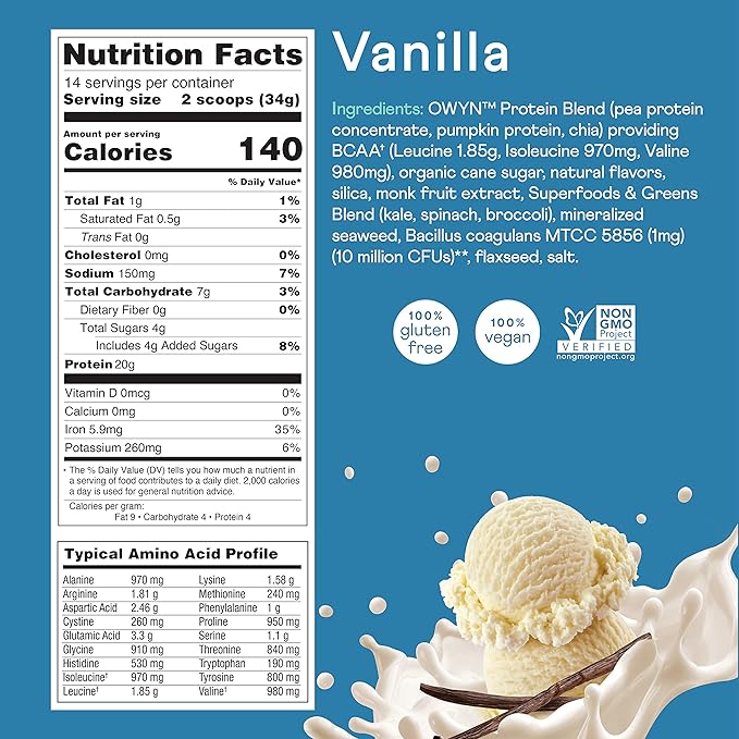 OWYN Only What You Need Plant-Based Protein Powder, Smooth Vanilla, 1.05 lbs