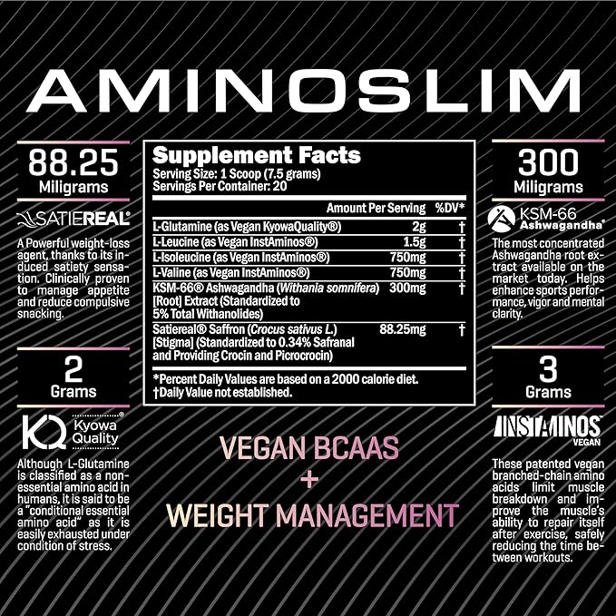Amino Slim - Slimming BCAA Weight Loss Drink for Women, Vegan Amino Acids & L-Glutamine Powder for Post Workout Recovery & Fat Burning | Daily Appetite Suppressant, Metabolism Booster & Stress Relief