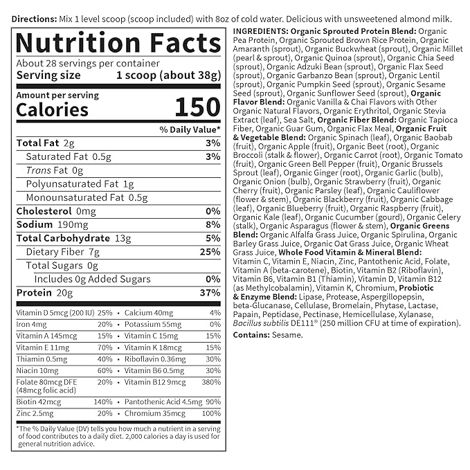 Garden of Life Meal Replacement Shakes, Vegan Protein Powder, Raw Organic Protein Powder, Vanilla Chai Protein Powder with Plant Based Pea Protein, Sprouts, Greens, Probiotics, Dairy Free 28 Servings