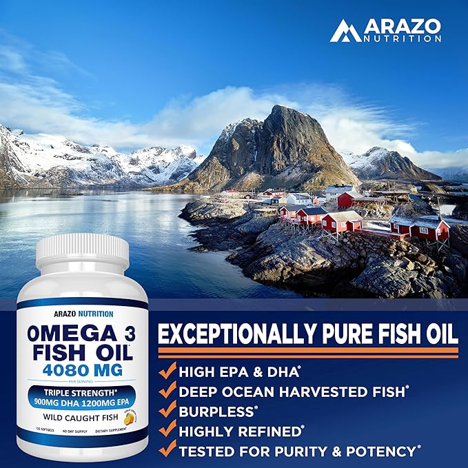 Arazo Nutrition Wild Caught Omega 3 Fish Oil – 120 Soft Gels – 4,080mg High EPA 1200mg DHA 900mg Lemon Flavor Burpless Softgels