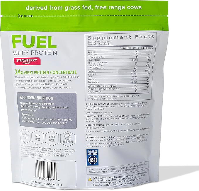 SFH Fuel Whey Protein Powder Great Tasting Grass Fed Whey | MCTs & Fiber for Energy | All Natural | Soy Free, Gluten Free, No RBST, No Artificial Flavors (Strawberry (1.6lb Bag))