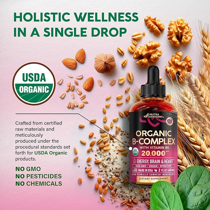 USDA Organic Vitamin B-Complex B5 Pantothenic Acid | B12 Methylcobalamin | B1 Thiamine | B6 Pyridoxine | B7 Biotin | B9 Folic | B3 Niacinamide - B Complex Liquid Drops, Made in USA Supplement, 2fl oz