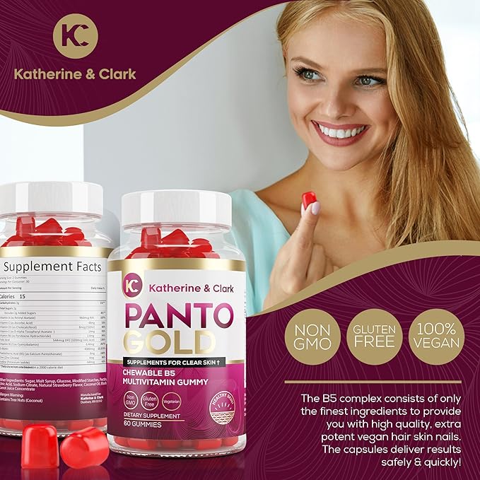 Panto Gold Vitamin B5 Pantothenic Acid Gummies for Acne - Hair Skin and Nails Gummies - Biotin, Zinc, Folic Acid Chewable Non-GMO Gluten-Free for Body - Oily Skin Gummies - 60 Count