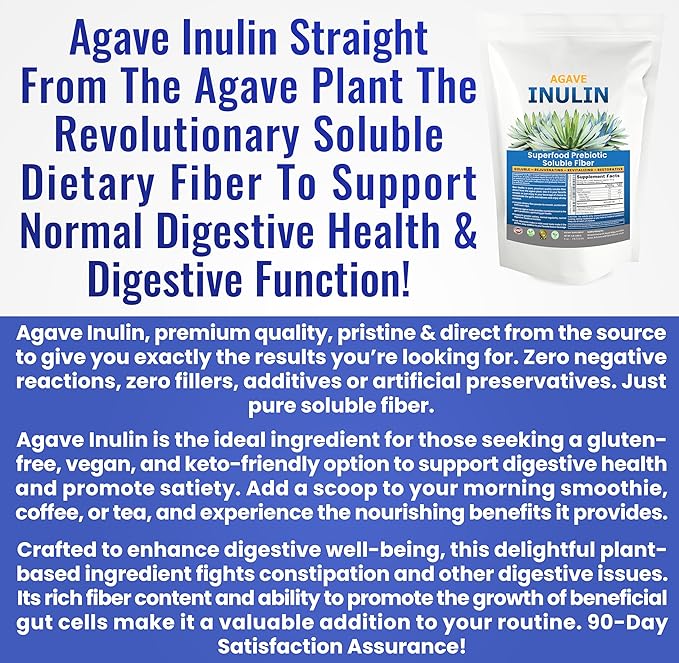 Inulin Powder (48oz/3 lbs) Gentle Agave Prebiotic Soluble Fiber Supplement for Digestive Support, Gut Health, Vegan Baking, Smoothies & Drinks