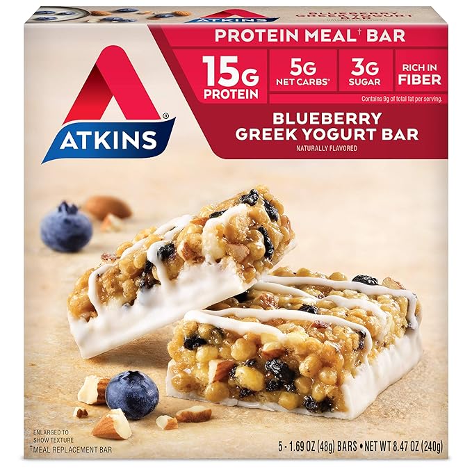 Atkins Blueberry Soft Baked & Greek Yogurt Protein Meal Bars, 15g Protein, 2-3g Sugar, High Fiber, Low Carb, 4 Packs (20 Bars) & 5 Count