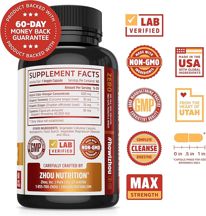 Zhou Nutrition Cider Detox Apple Cider Vinegar Capsules with Ginger, Turmeric & Cayenne, Max Strength Thermogenic Formula for Improved Digestion, Detox, Heart Health