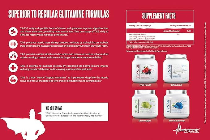 Metabolic Nutrition, TAG, Trans Alanyl Glutamine, 100% L-Glutamine Peptide Powder, Pre Intra Post Workout Supplement, 400 Grams (40 Servings) (Blue Raspberry)