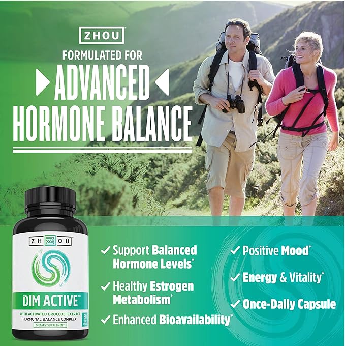 Zhou DIM Active | Menopause & Estrogen Metabolism Supplement with 250mg DIM Plus Broccoli Seed Extract & Bioperine | for Women & Men | 60 Capsules