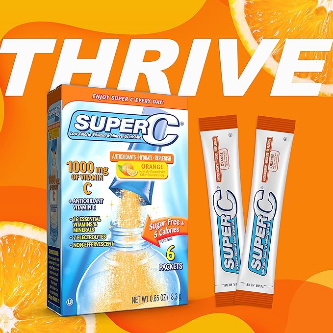 Super C Vitamin & Mineral Drink Mix, Orange, 6 CT Singles To Go, Pack Of 12 (72 Total Packets)