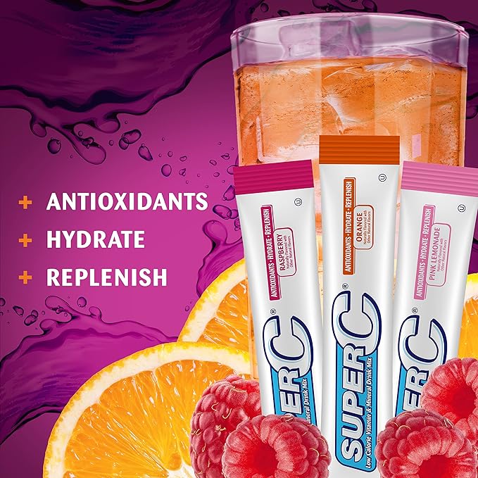 Super C Singles to Go Powder Packets, Water Drink Mix, Variety Pack, Orange, Raspberry & Pink Lemonade, On-The-Go, 30 Count