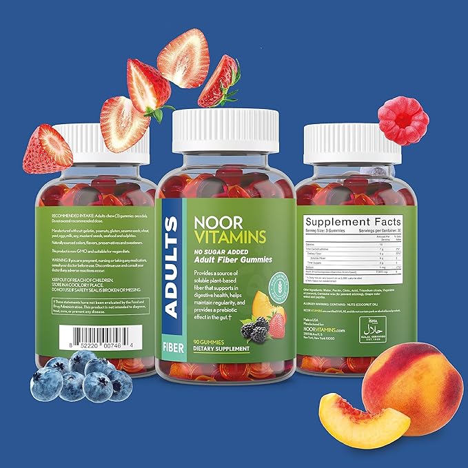 Noor Vitamins Halal Sugar Free Fiber Gummies for Adults with Prebiotic Fiber for Adults; Non-GMO, Vegan Friendly, Gelatin Free, Soluble High Fiber Gummy for Adults, Halal Vitamins - 90 Count