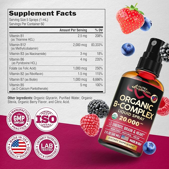 USDA Organic Vitamin B-Complex Liquid Spray 8-in-1 - B5 Pantothenic Acid | B12 Methylcobalamin | B1 Thiamine | B6 Pyridoxine | B7 Biotin | B9 Folic | B3 Niacinamide - Made in USA Supplement, 2fl oz