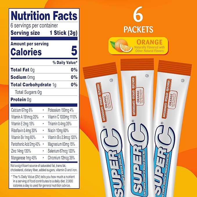 Super C Vitamin & Mineral Drink Mix, Orange, 6 CT Singles To Go, Pack Of 12 (72 Total Packets)