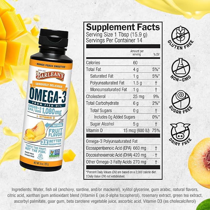 Barlean's Mango Peach Omega 3 Fish Oil Liquid Supplement with Vitamin D, 1080mg EPA & DHA Fatty Acid, Smoothie Flavored & Burpless for Brain, Joint, & Heart Health, 8 oz