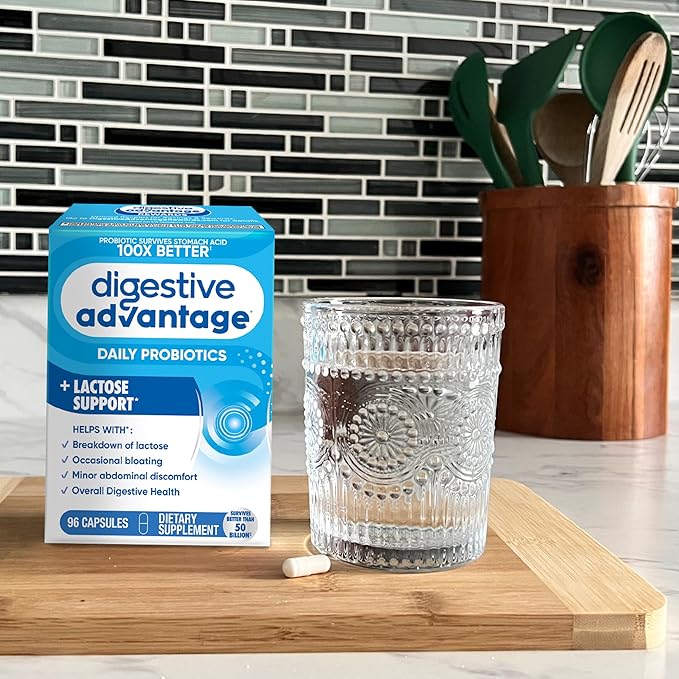 Digestive Advantage Probiotics + Lactase Digestive Enzymes For Digestive Health, Daily Probiotics For Women Men Occasional Bloating, Lactose Breakdown, Minor Abdominal Discomfort, Immune Support, 96ct