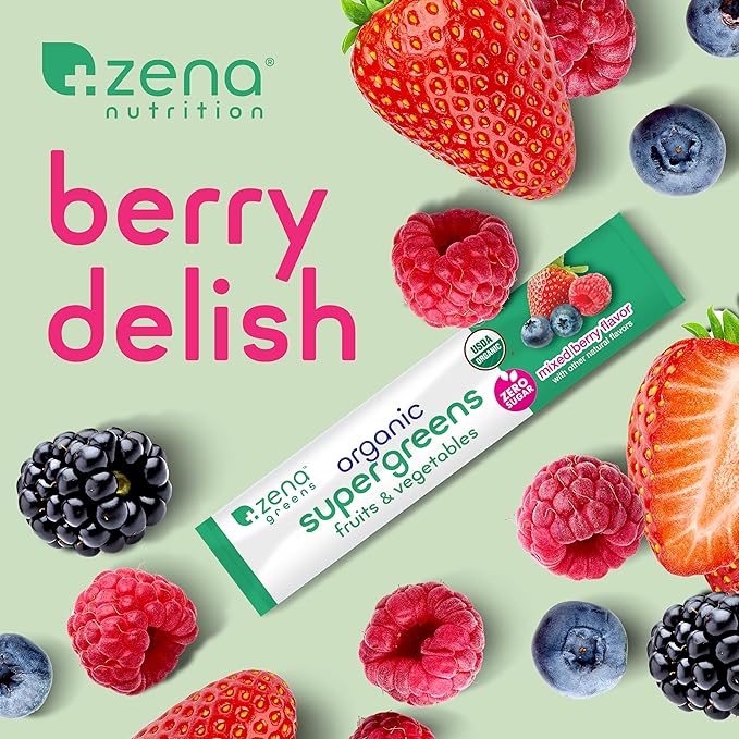 Zena Organic Super Greens Powder, 70+ Superfoods Drink Mix, 0 Sugar, 3G Fiber, Fruits, Veggies, Spirulina, Chlorella, Antioxidants, Pre & Probiotics, Digestive Enzymes, Mixed Berry Flavor, 30 Packets