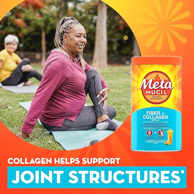 Metamucil Daily Fiber + Collagen, Psyllium Husk Powder, Plant Based, Sugar-Free with Stevia, 3-in-1 Fiber for Digestive Health, Orange Flavored, 90 Doses (29.8 OZ Fiber Powder)