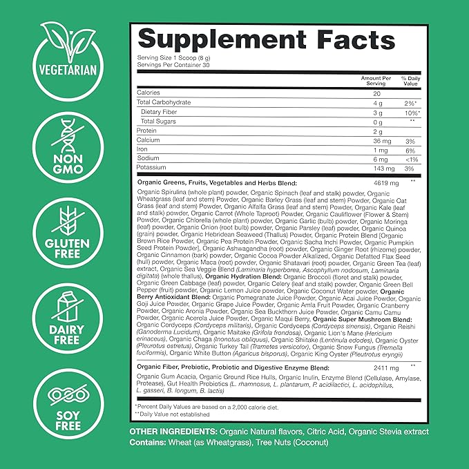 Zena Organic Super Greens Powder, 70+ Superfoods Drink Mix, 0 Sugar, 3G Fiber, Fruits, Veggies, Spirulina, Chlorella, Antioxidants, Pre & Probiotics, Digestive Enzymes, Mixed Berry Flavor, 30 Servings