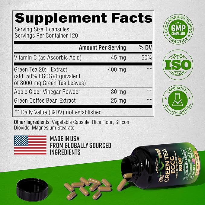 Green Tea Extract Capsules with Green Coffee Beans & Apple Cider Vinegar - Energy & Metabolism Support - Green Tea Supplement 50% EGCG - 20:1 Natural Extract - for Men & Women - 120 Vegan Capsules