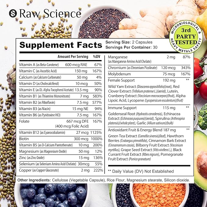 Womens Multivitamin - Energy & Immune Support Multivitamin for Women without Iron - Vitamins For Women: A C D, Zinc, Magnesium, B Vitamins Complex - Daily Antioxidant Women's Multivitamin, 60 Capsules