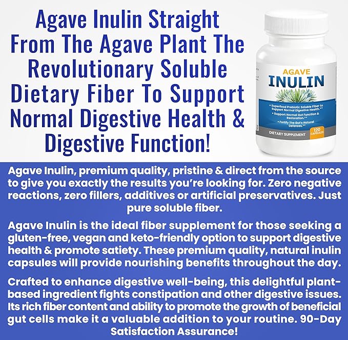 Agave Inulin Capsules Digestive Support Soluble Fiber Prebiotic Agave Inulin 120 Ct.