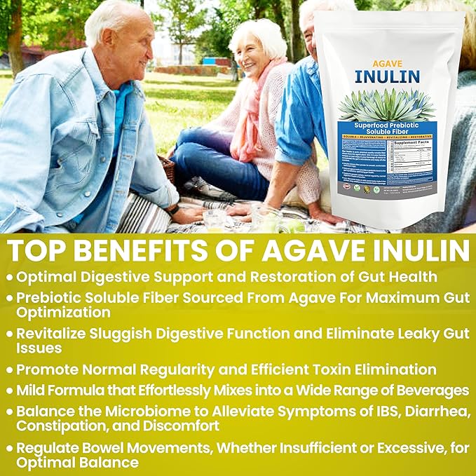Inulin Powder (48oz/3 lbs) Gentle Agave Prebiotic Soluble Fiber Supplement for Digestive Support, Gut Health, Vegan Baking, Smoothies & Drinks