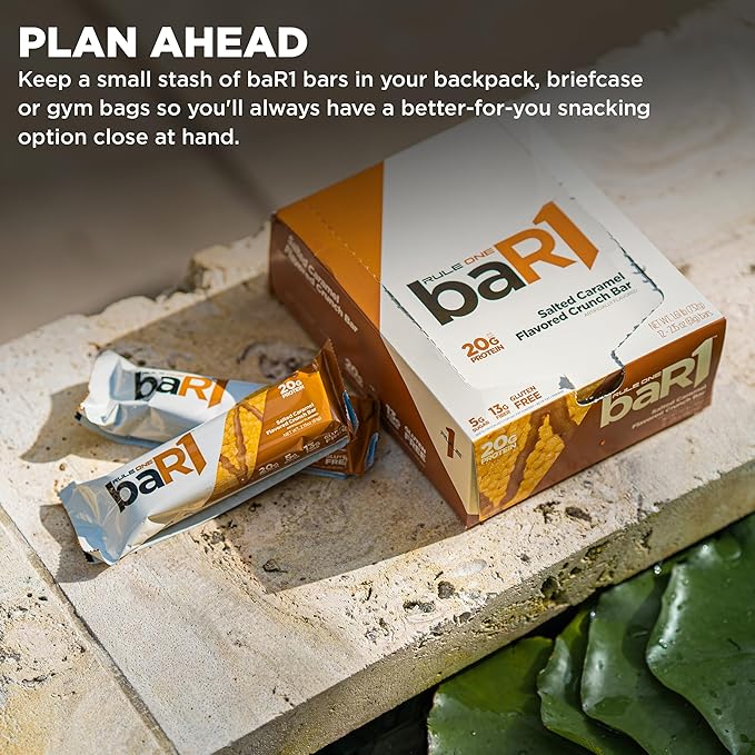 Rule 1 baR1 Crunch Bar - On-The-Go Convenient Protein Snack Bars with 20g Premium Protein, Naturally-Packed with EAAs/BCAAs, Hunger-Filling Fiber (12 Count Box, Peanut Butter)