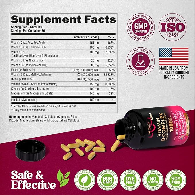 Vitamin B Complex for Men & Women - Made in USA - B-Complex: B1, B2, B3, B5, B6, B7, B8, B9, B12 with Vitamin C, Choline, Inositol - Energy, Brain & Heart Support Supplement, 60 Vegan Capsules