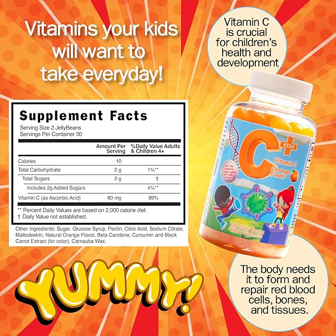 Kids Vitamin C+ Jellybeans 80mg - Natural Orange Flavor- Gluten Free -Vegan Friendly - Non GMO
