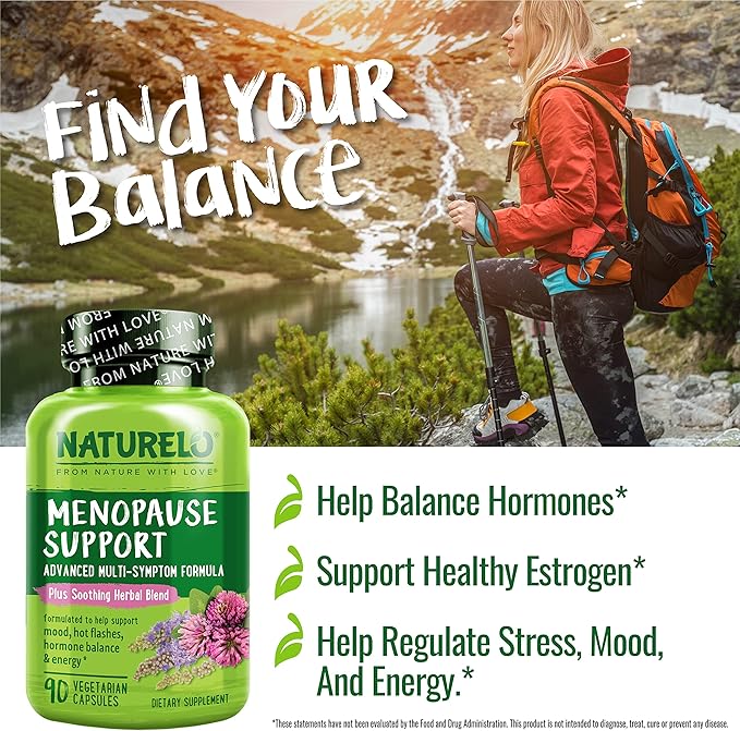 NATURELO Menopause Supplements for Women, Herbal Blend with Black Cohosh for Menopause Hot Flashes Advanced Multi-Symptom Formula 90 Capsules